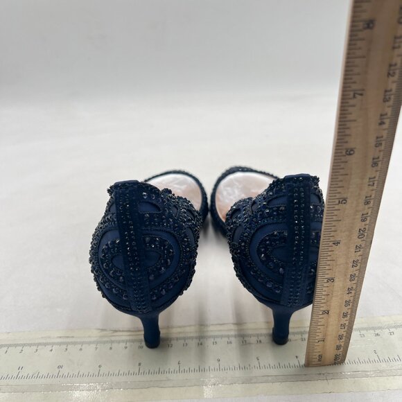 XYD Navy Pointed Toe D'Orsay Kitten Heel Rhinestone Studs Slip-On Satin Shoes - Picture 5 of 14